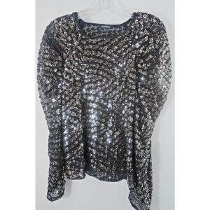 Express Size M Black Sequin Puff Sleeve Sweetheart Neckline Ruched Party Blouse